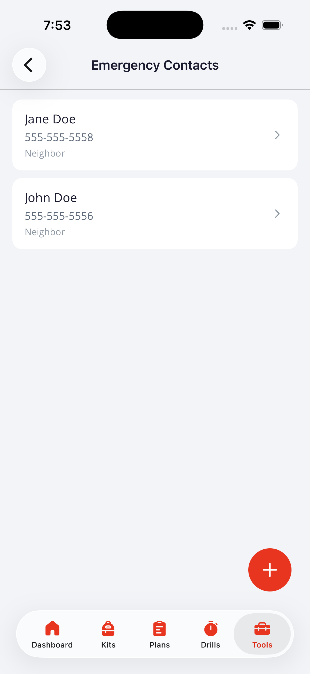 ReadyUp emergency contacts screen