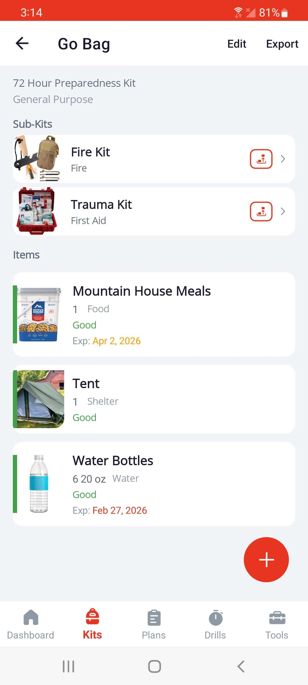 ReadyUp kit inventory screen