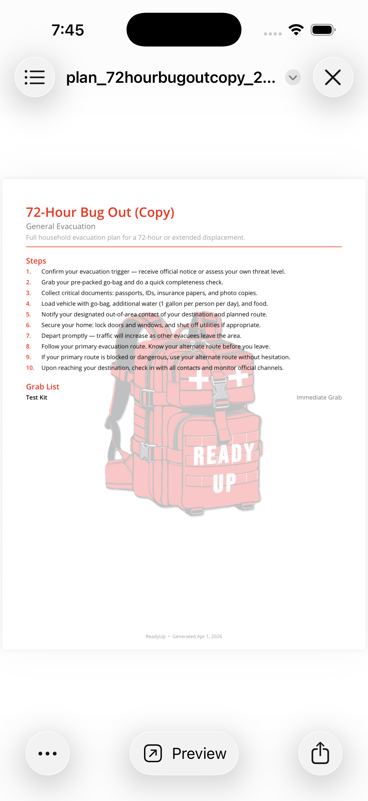 ReadyUp PDF export screen
